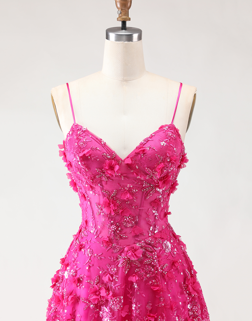 Sparkly Fuchsia Beaded Floral Corset A-Line Long Prom Dress with Slit