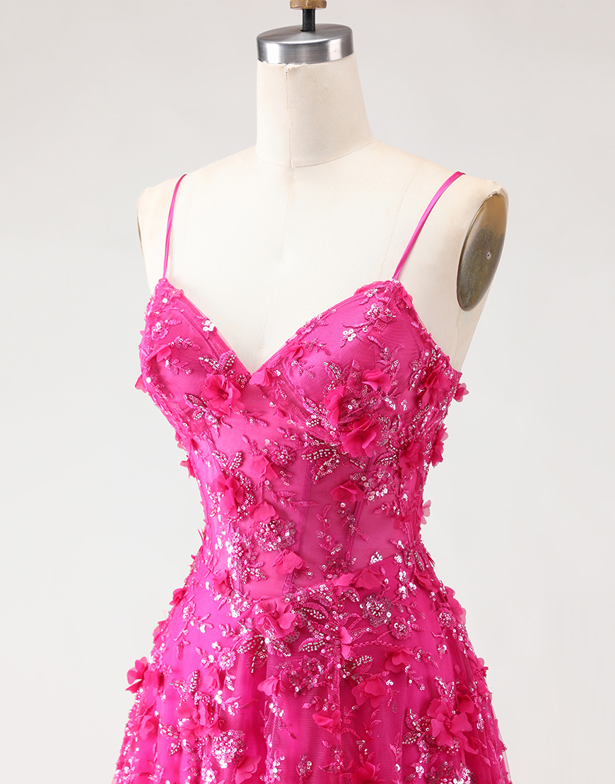 Sparkly Fuchsia Beaded Floral Corset A-Line Long Prom Dress with Slit