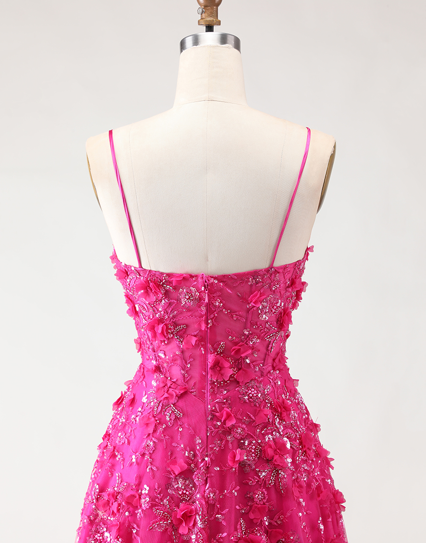 Sparkly Fuchsia Beaded Floral Corset A-Line Long Prom Dress with Slit