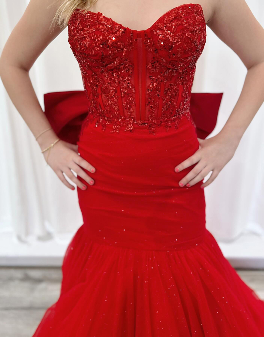 Sparkly Red Corset Tulle Mermaid Long Prom Dress with Bow