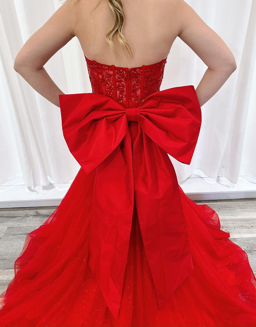 Sparkly Red Corset Tulle Mermaid Long Prom Dress with Bow