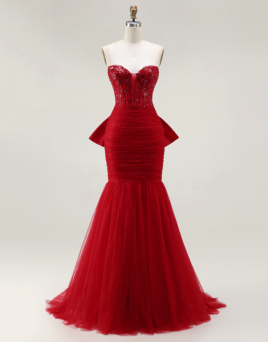 Sparkly Red Corset Tulle Mermaid Long Prom Dress with Bow