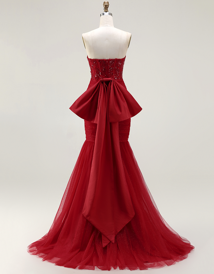 Sparkly Red Corset Tulle Mermaid Long Prom Dress with Bow