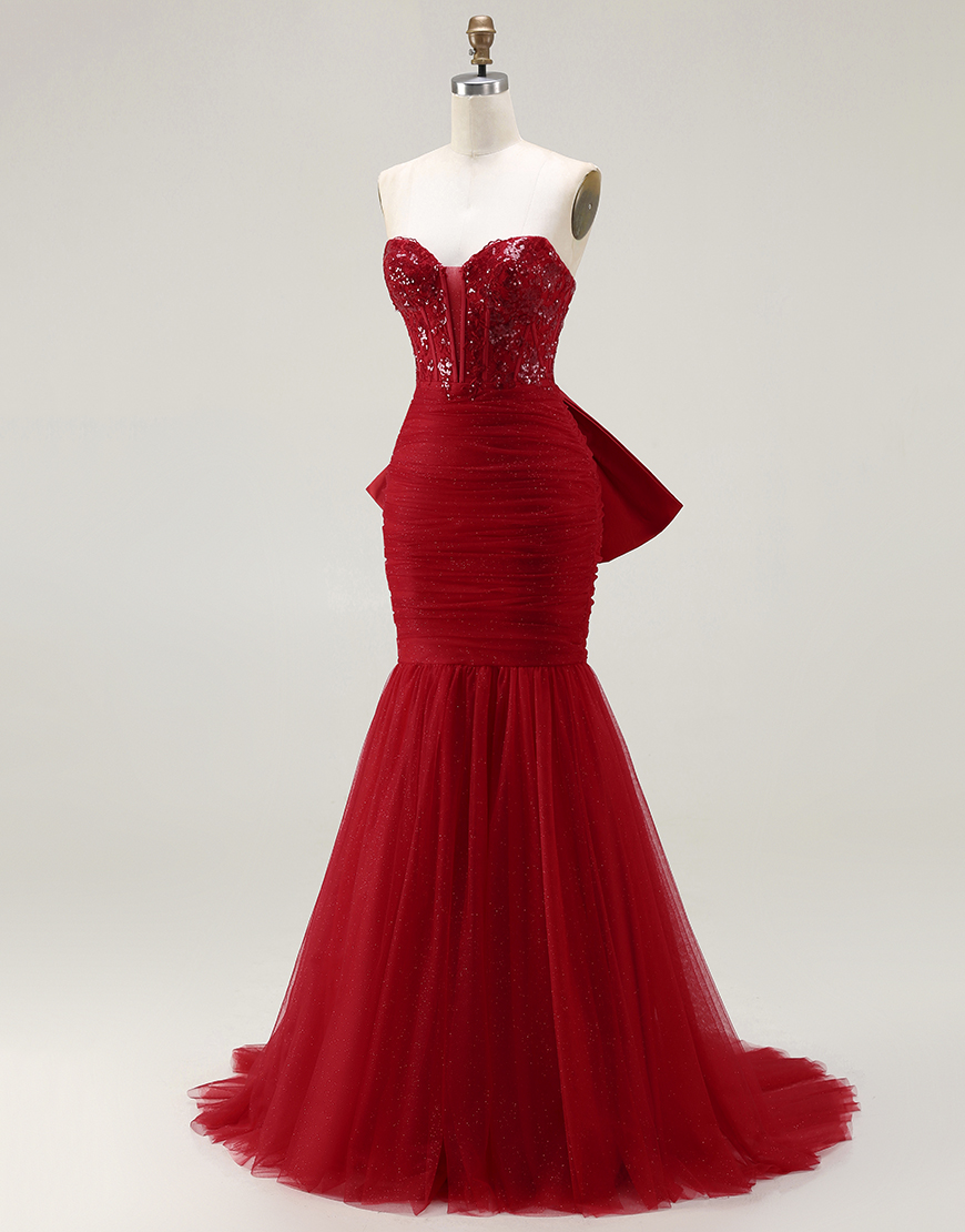 Sparkly Red Corset Tulle Mermaid Long Prom Dress with Bow