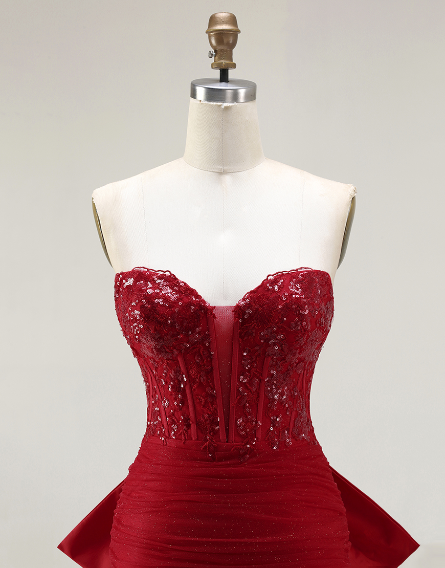 Sparkly Red Corset Tulle Mermaid Long Prom Dress with Bow