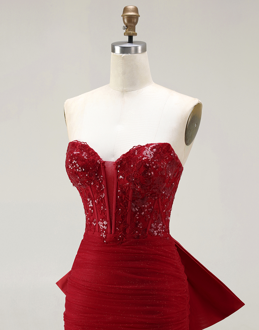 Sparkly Red Corset Tulle Mermaid Long Prom Dress with Bow