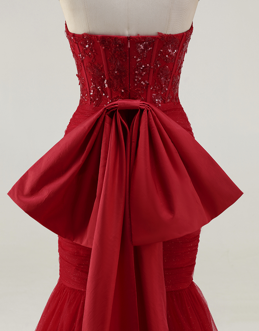 Sparkly Red Corset Tulle Mermaid Long Prom Dress with Bow