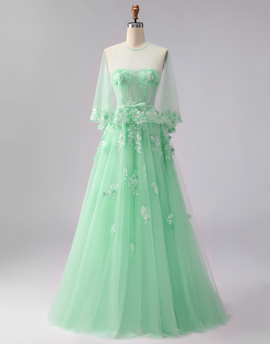 Green Floral Corset A Line Tulle Long Prom Dress with Cape