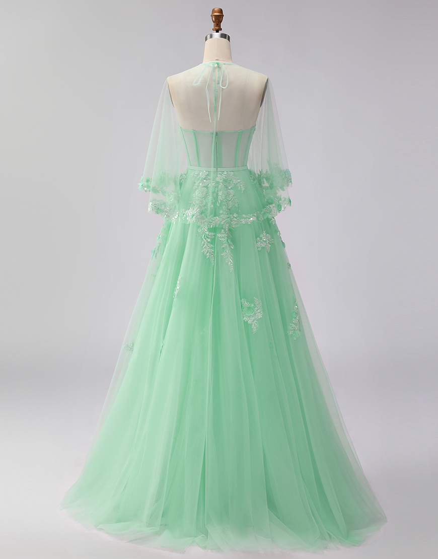 Green Floral Corset A Line Tulle Long Prom Dress with Cape