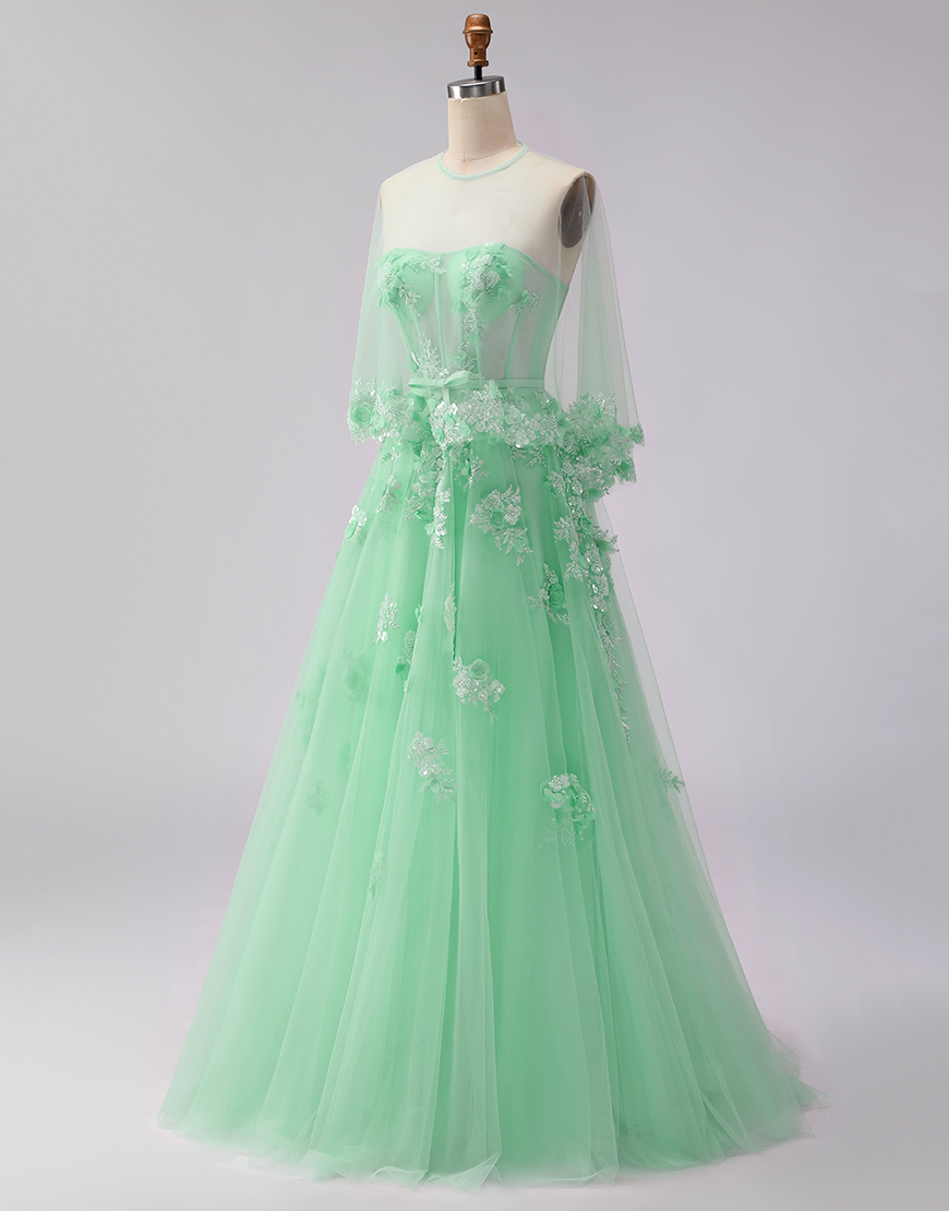 Green Floral Corset A Line Tulle Long Prom Dress with Cape