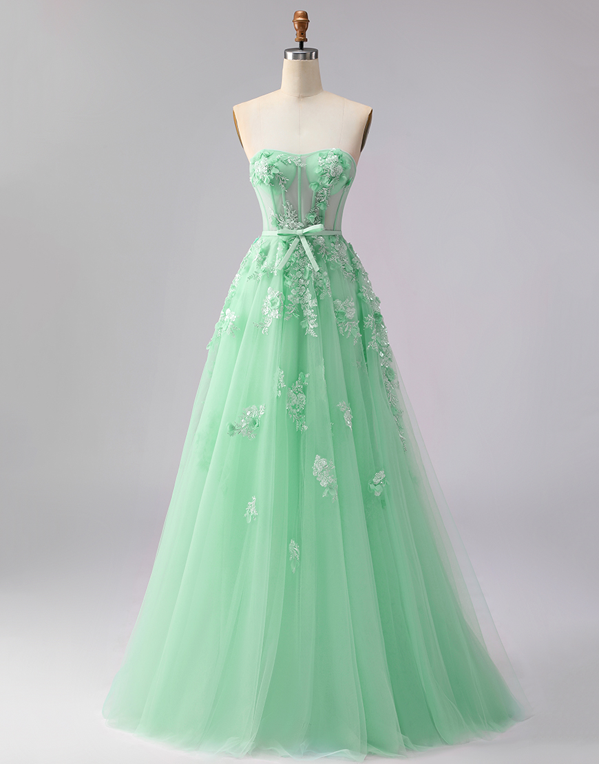 Green Floral Corset A Line Tulle Long Prom Dress with Cape