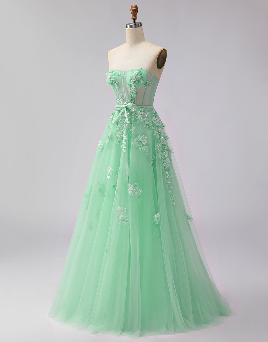 Green Floral Corset A Line Tulle Long Prom Dress with Cape