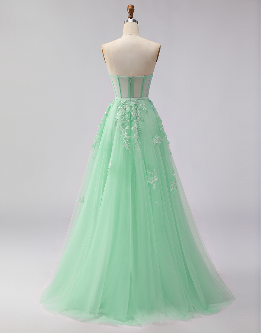 Green Floral Corset A Line Tulle Long Prom Dress with Cape