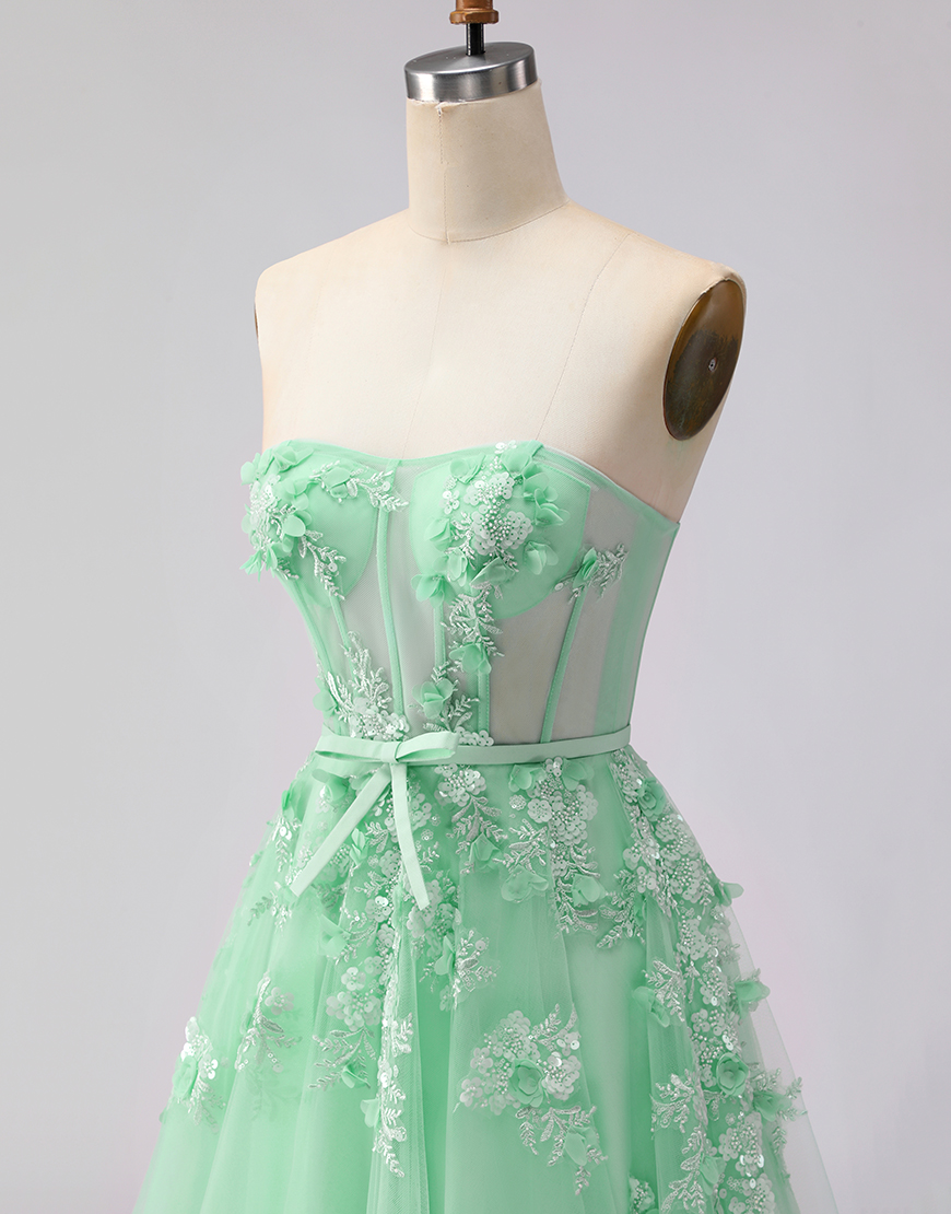 Green Floral Corset A Line Tulle Long Prom Dress with Cape