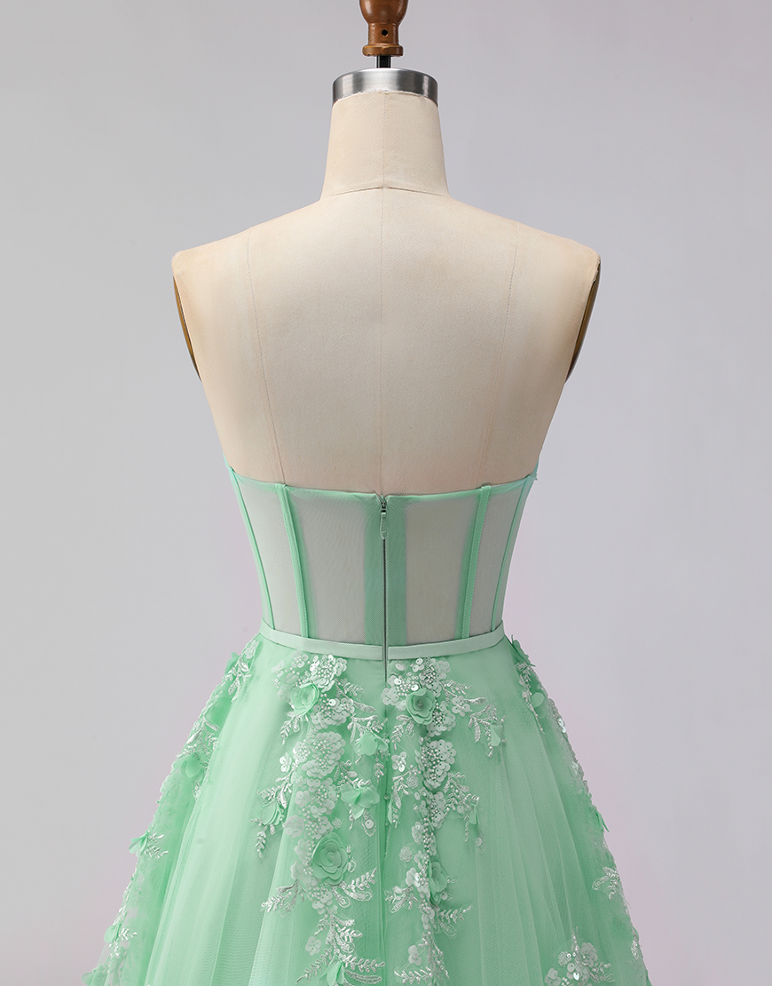 Green Floral Corset A Line Tulle Long Prom Dress with Cape