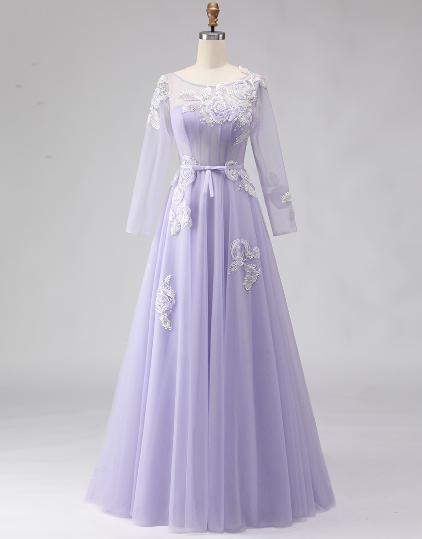 Sparkly Lilac A Line Corset Tulle Appliqued Long Floral Prom Dress with Sleeves