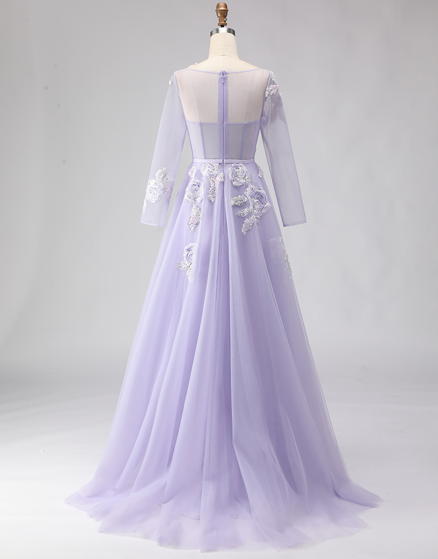 Sparkly Lilac A Line Corset Tulle Appliqued Long Floral Prom Dress with Sleeves