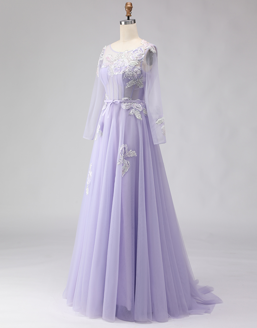 Sparkly Lilac A Line Corset Tulle Appliqued Long Floral Prom Dress with Sleeves