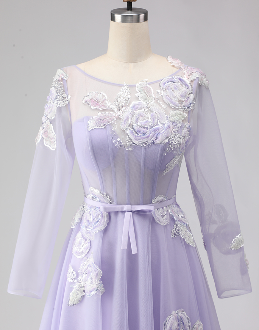Sparkly Lilac A Line Corset Tulle Appliqued Long Floral Prom Dress with Sleeves