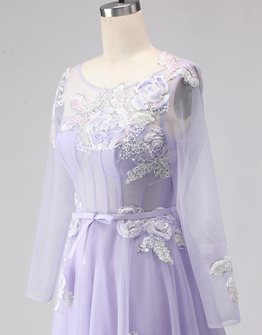Sparkly Lilac A Line Corset Tulle Appliqued Long Floral Prom Dress with Sleeves