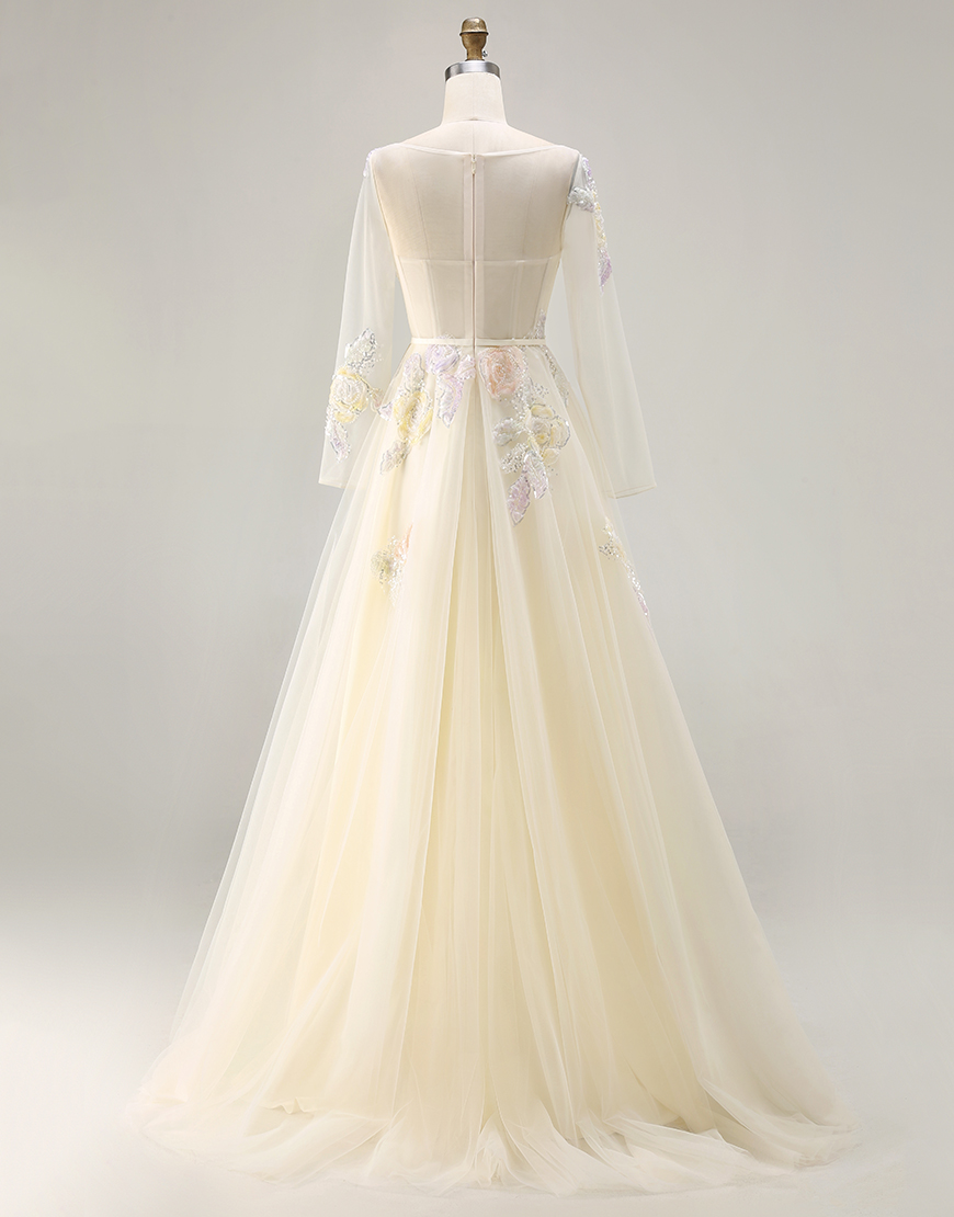 Sparkly Yellow Flower Corset Appliqued  A-Line Long Prom Dress with Bow