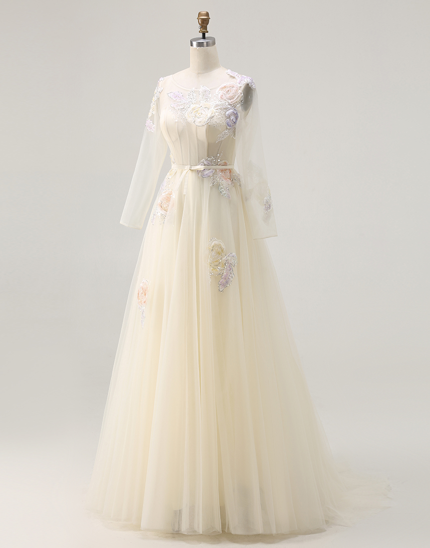 Sparkly Yellow Flower Corset Appliqued  A-Line Long Prom Dress with Bow