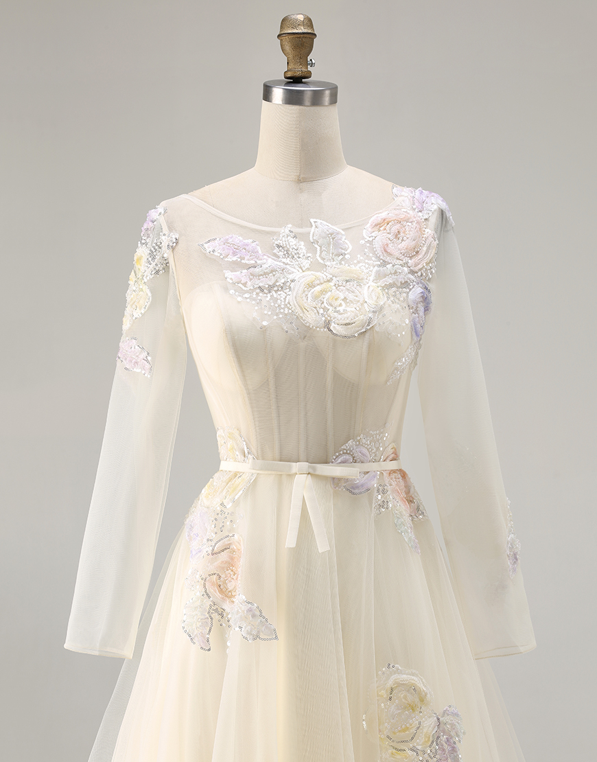 Sparkly Yellow Flower Corset Appliqued  A-Line Long Prom Dress with Bow