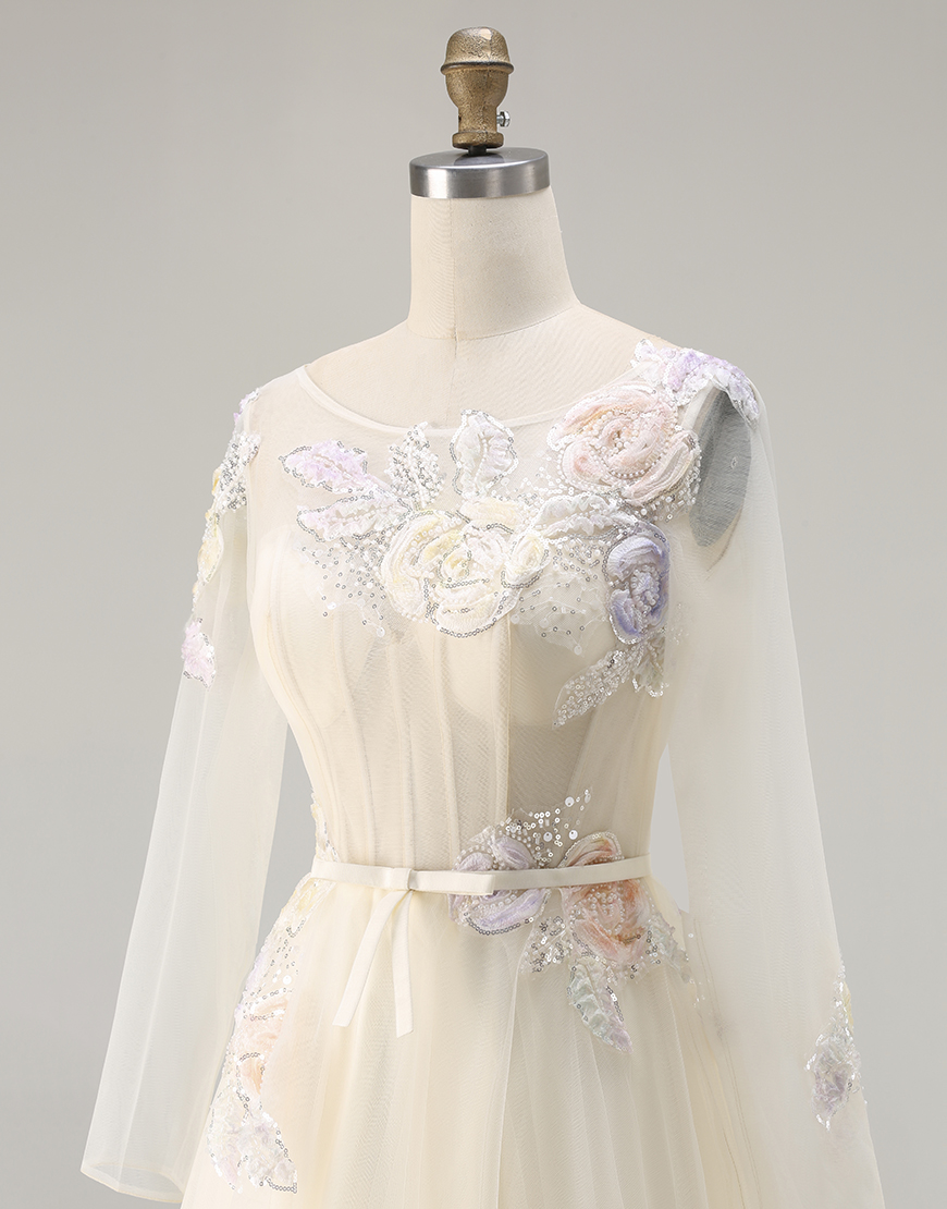 Sparkly Yellow Flower Corset Appliqued  A-Line Long Prom Dress with Bow