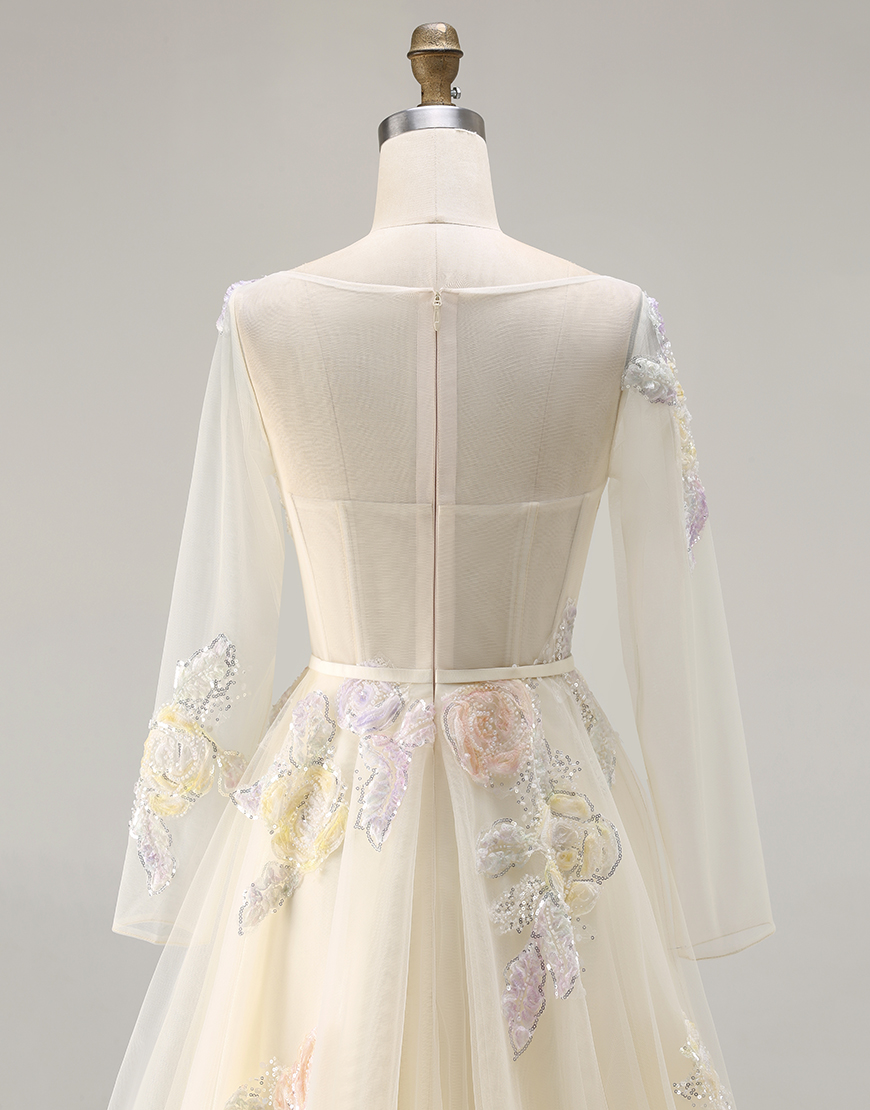 Sparkly Yellow Flower Corset Appliqued  A-Line Long Prom Dress with Bow