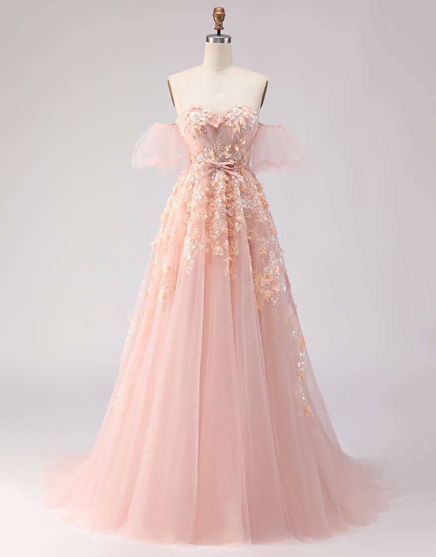 Blush Floral Tulle Off the Shoulder A Line Long Prom Dress with Bow