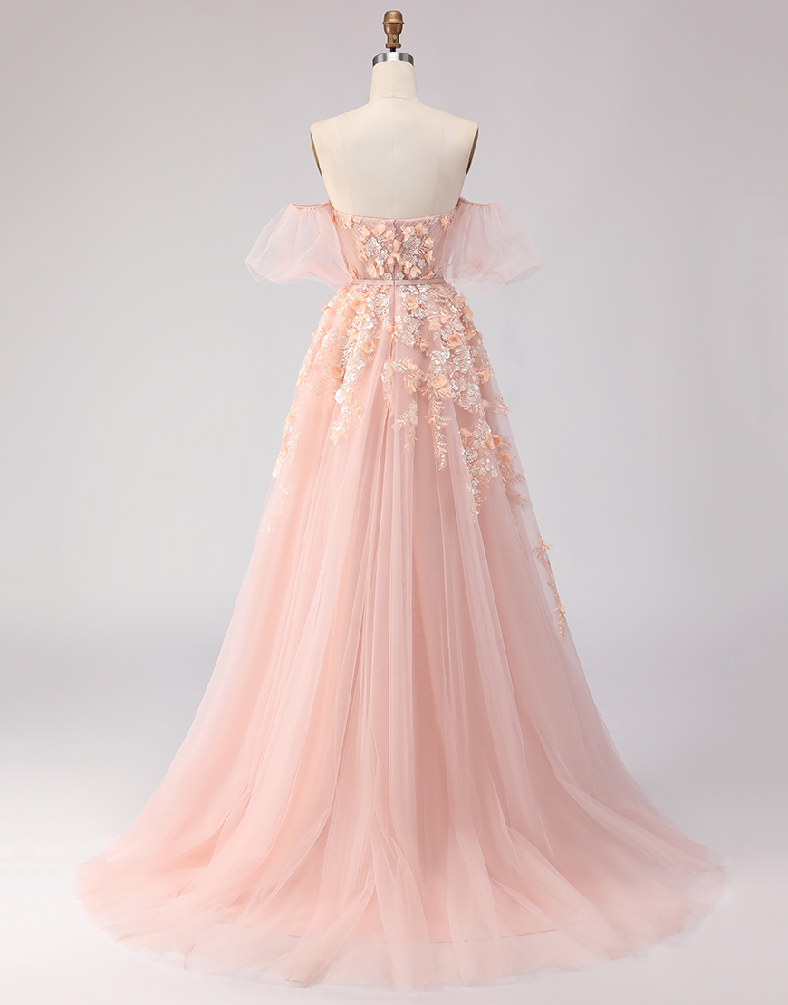 Blush Floral Tulle Off the Shoulder A Line Long Prom Dress with Bow