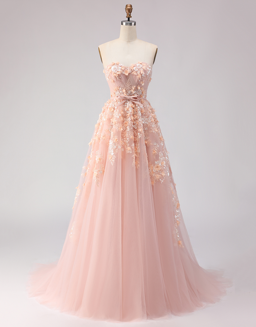Blush Floral Tulle Off the Shoulder A Line Long Prom Dress with Bow