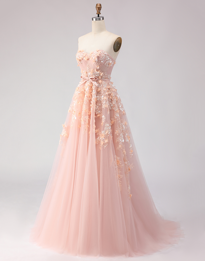 Blush Floral Tulle Off the Shoulder A Line Long Prom Dress with Bow