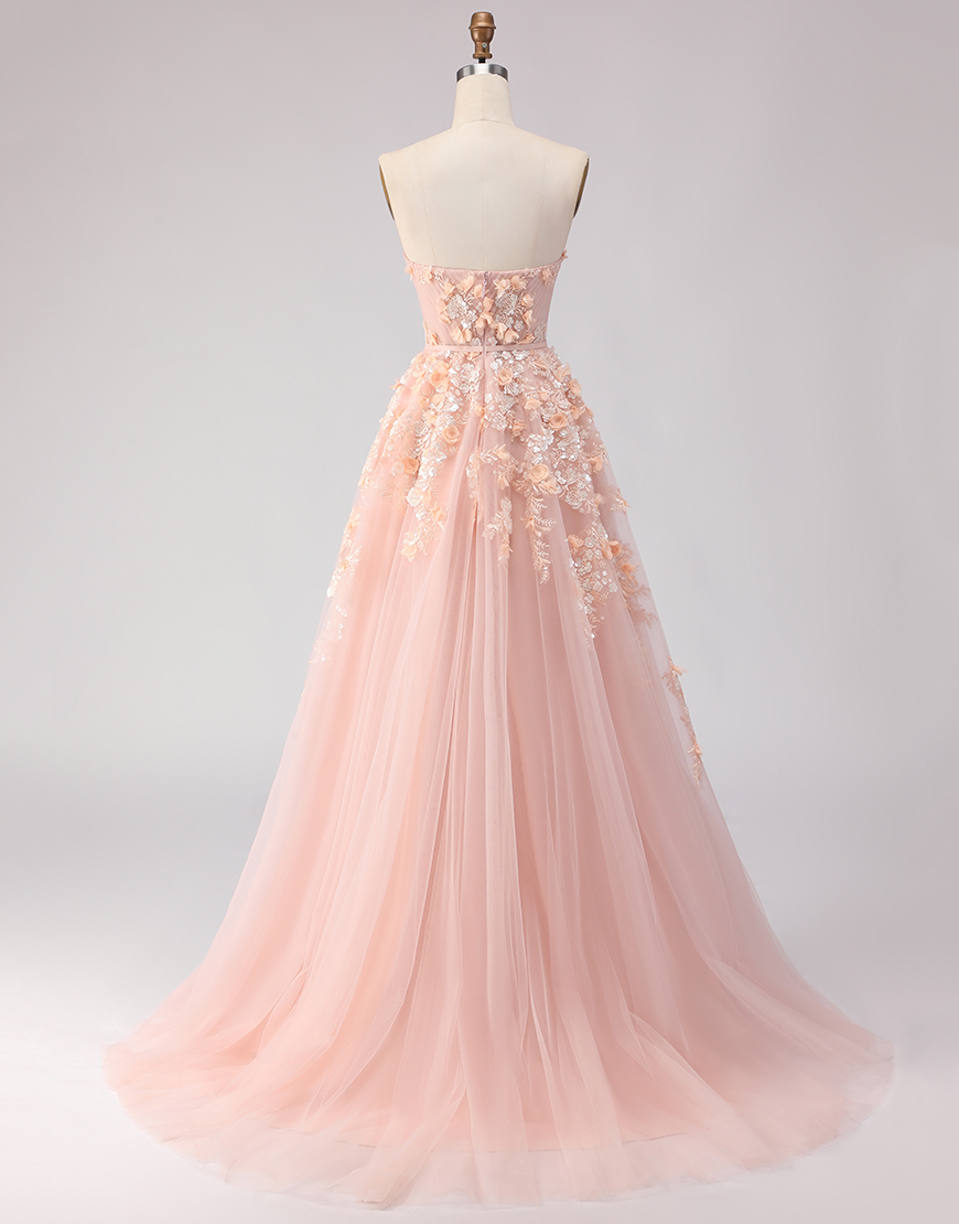 Blush Floral Tulle Off the Shoulder A Line Long Prom Dress with Bow