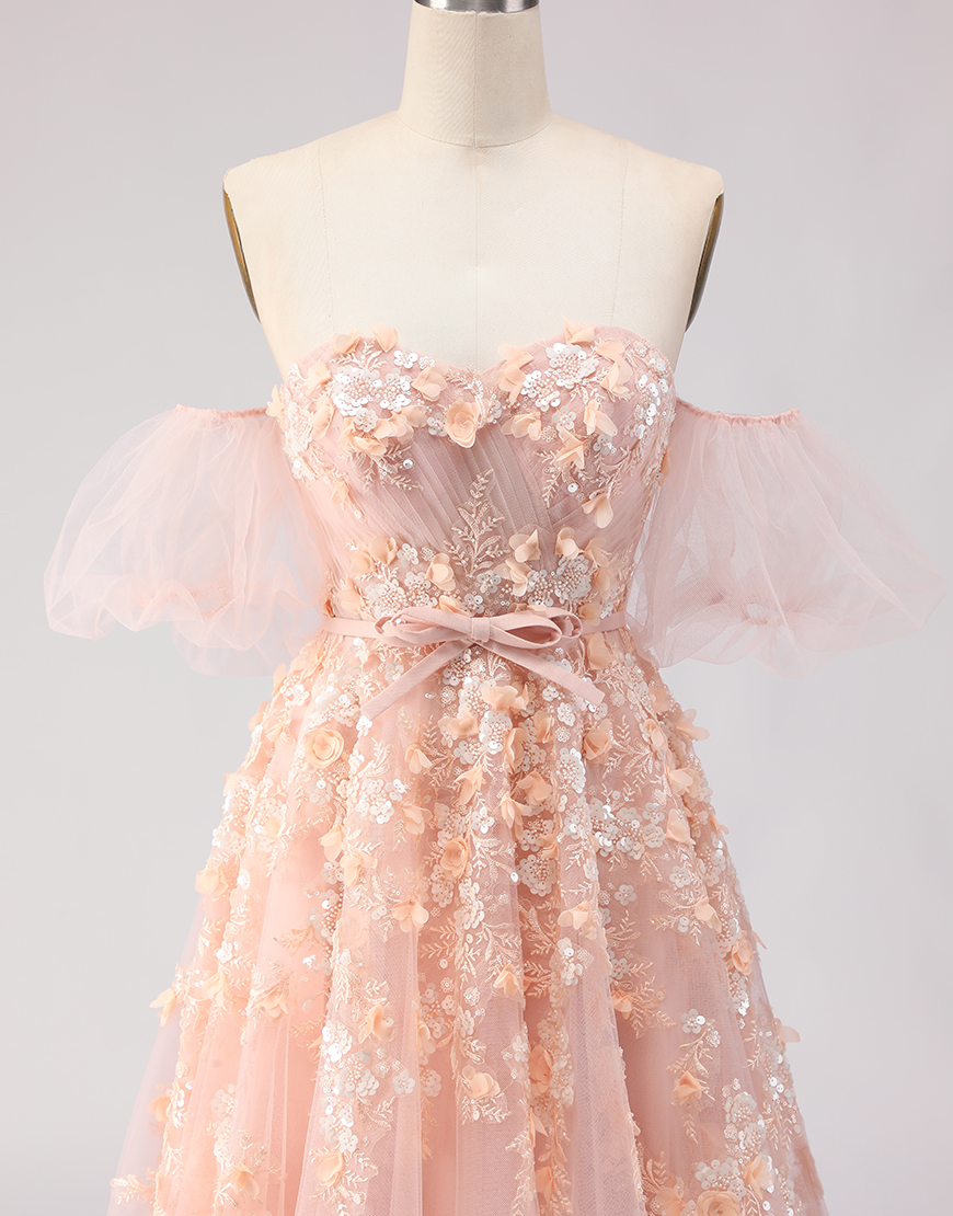 Blush Floral Tulle Off the Shoulder A Line Long Prom Dress with Bow