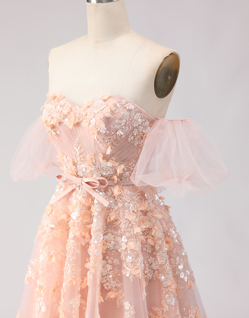 Blush Floral Tulle Off the Shoulder A Line Long Prom Dress with Bow