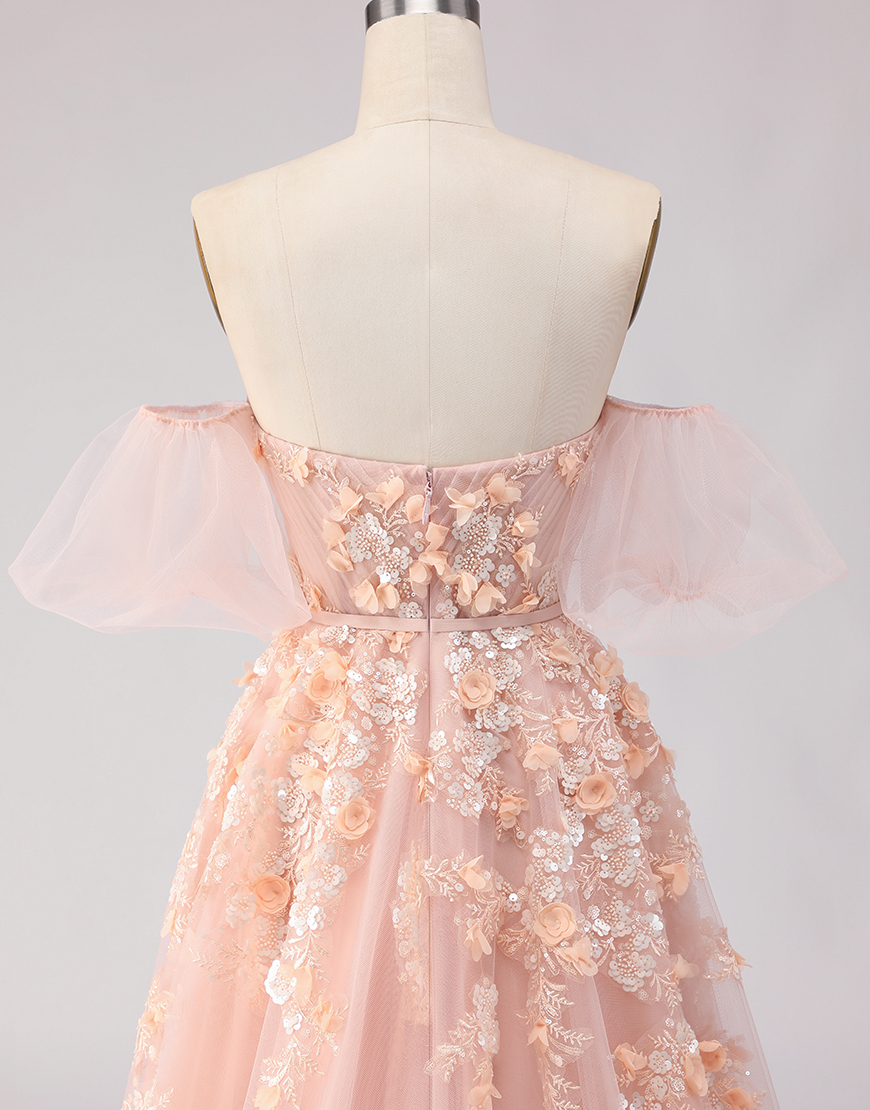 Blush Floral Tulle Off the Shoulder A Line Long Prom Dress with Bow