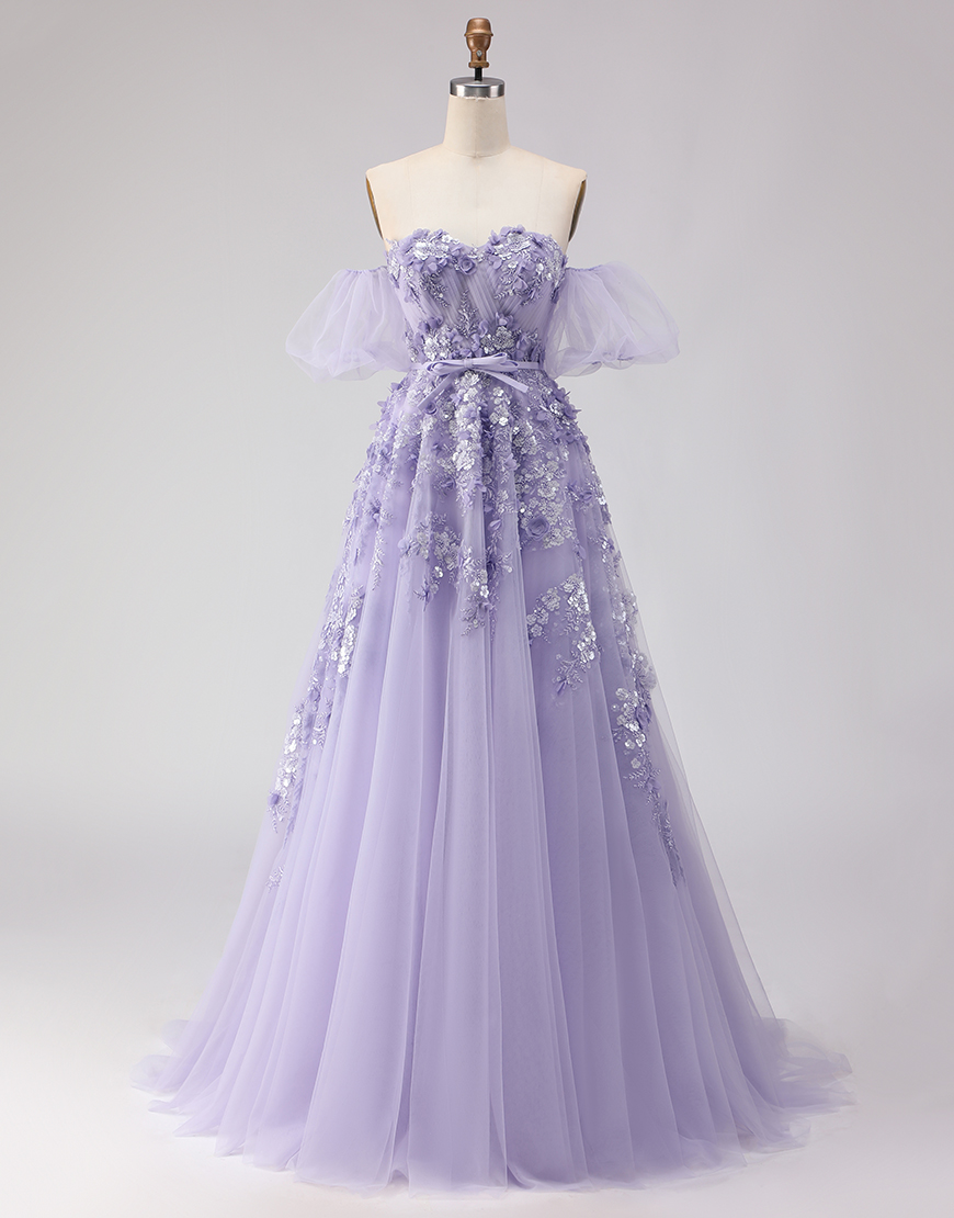 Purple Off the Shoulder Floral Tulle Long Prom Dress with Bow
