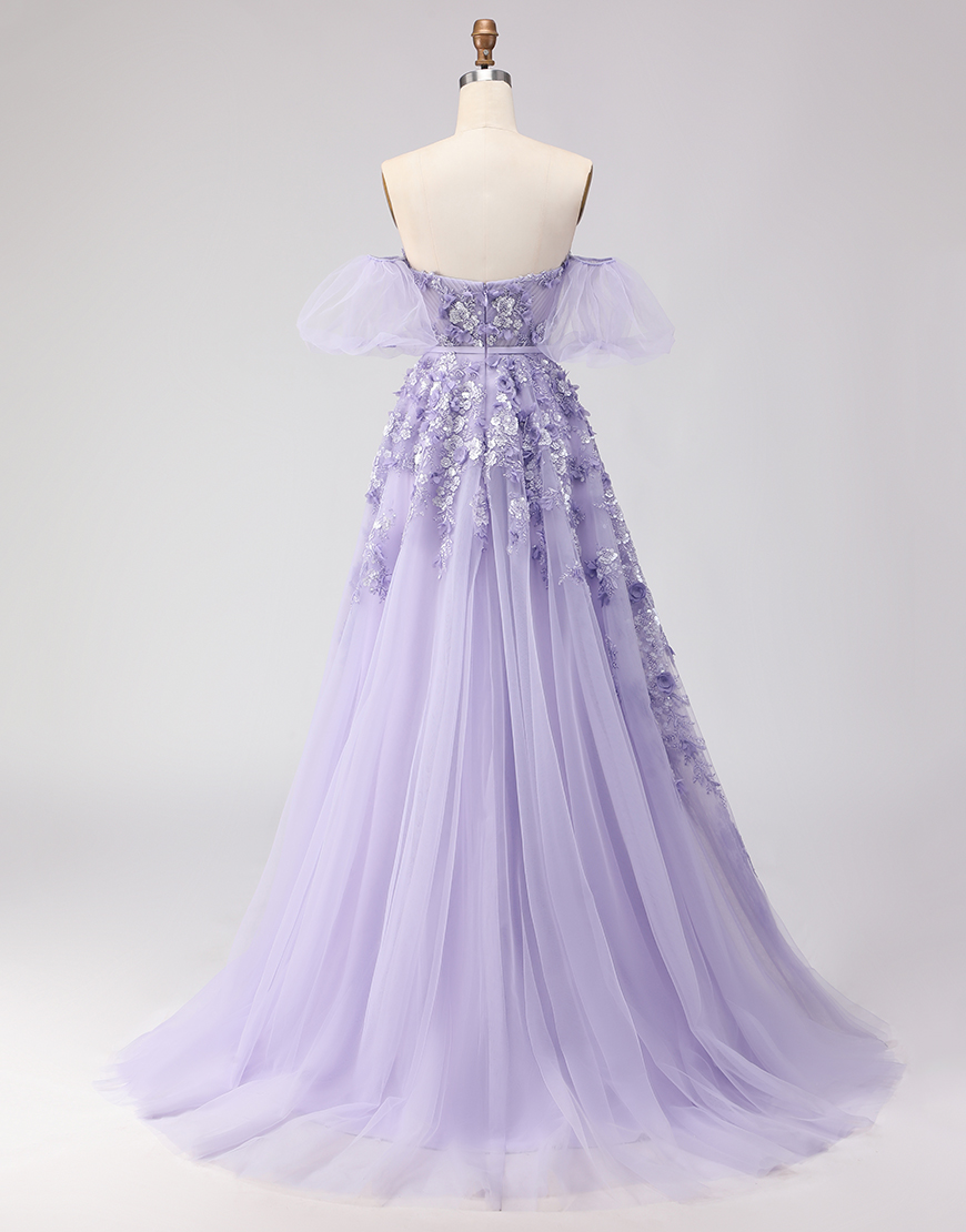 Purple Off the Shoulder Floral Tulle Long Prom Dress with Bow