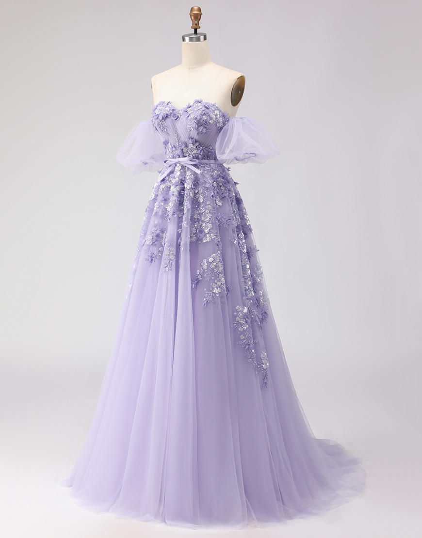 Blush Floral Tulle Off the Shoulder A Line Long Prom Dress with Bow