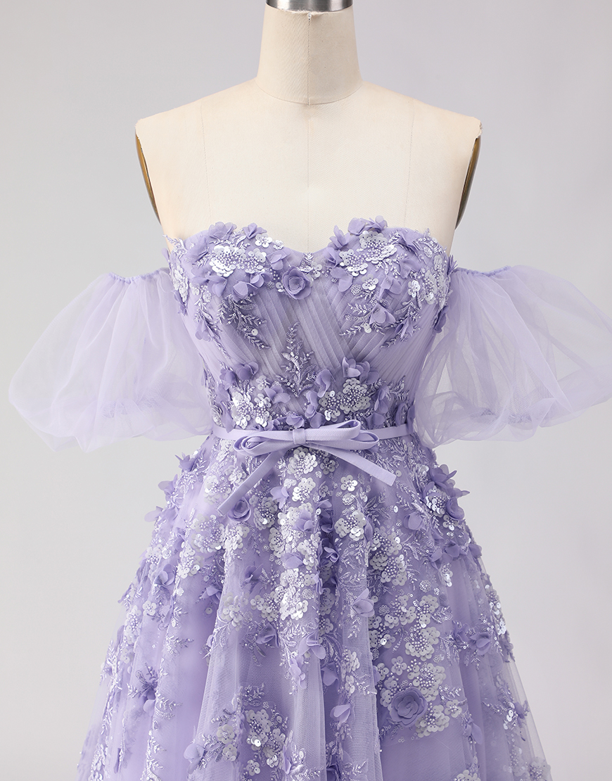 Blush Floral Tulle Off the Shoulder A Line Long Prom Dress with Bow