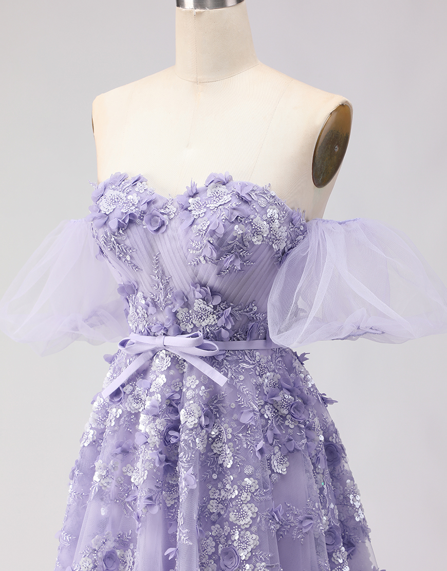 Blush Floral Tulle Off the Shoulder A Line Long Prom Dress with Bow