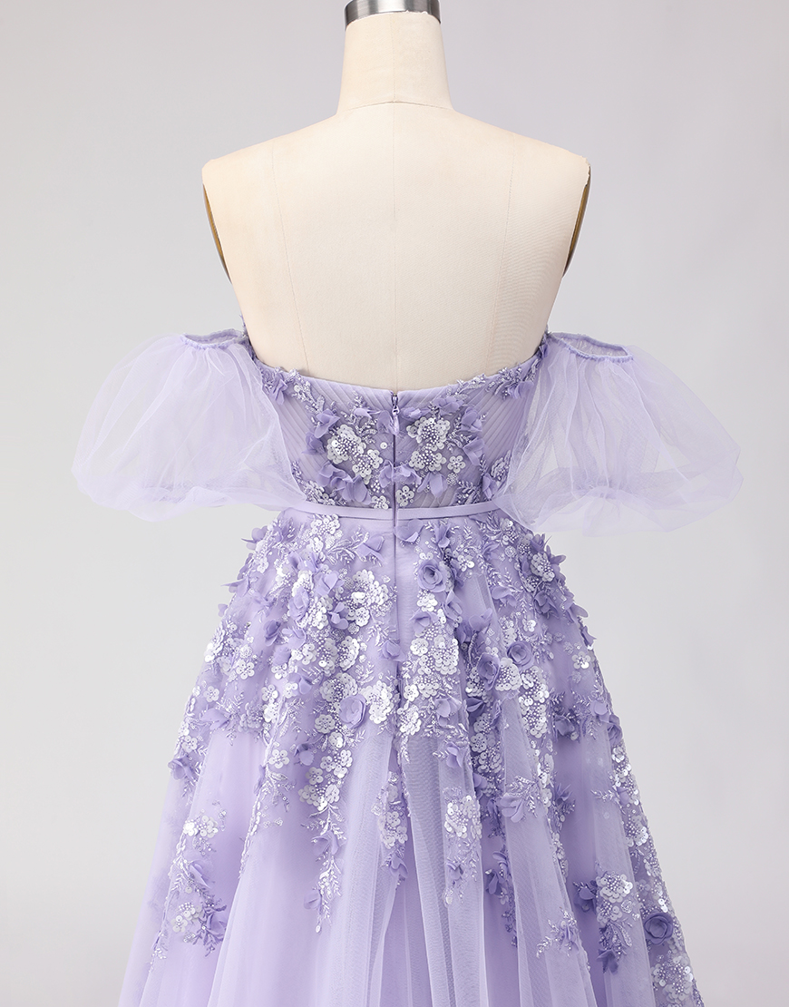 Blush Floral Tulle Off the Shoulder A Line Long Prom Dress with Bow