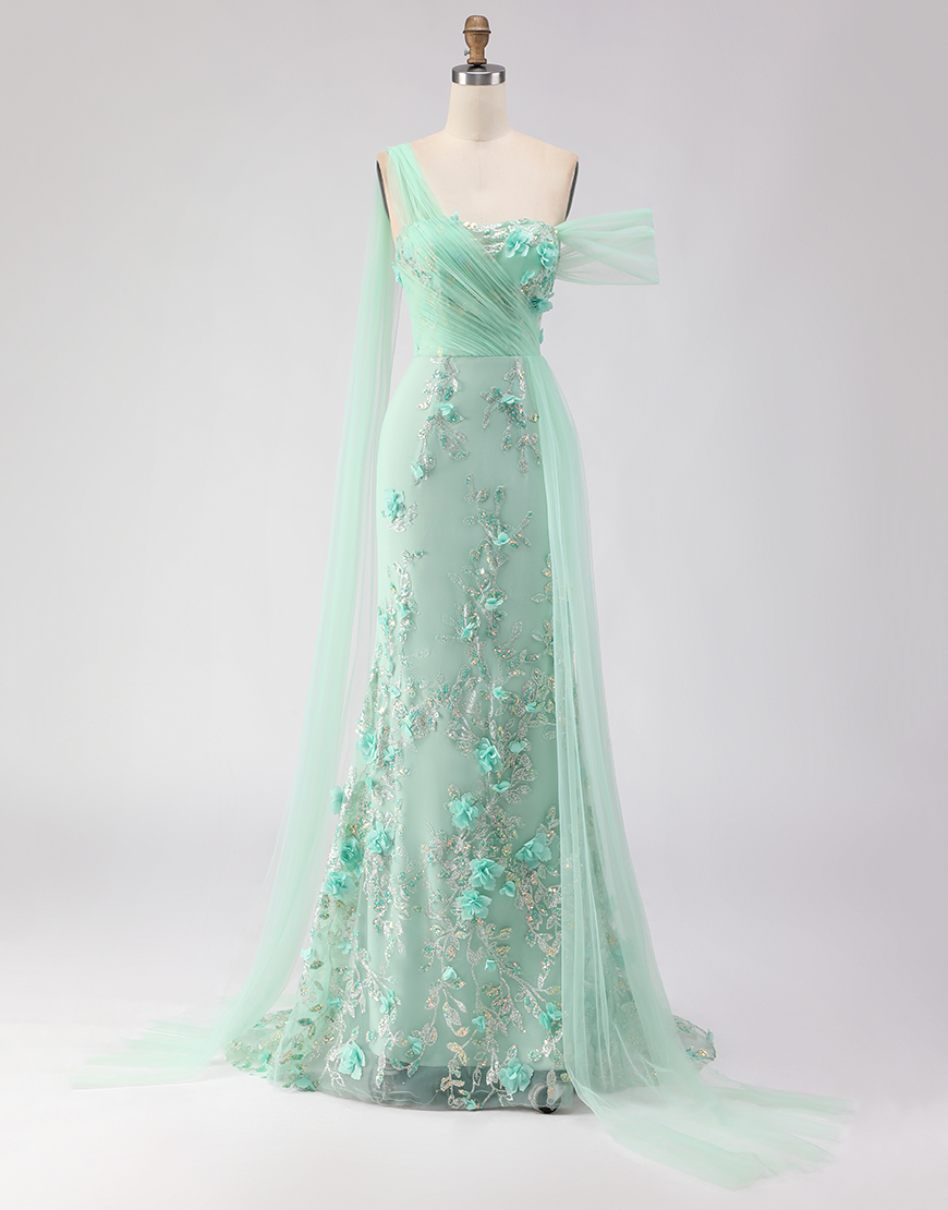 Green Floral One Shoulder Sheath Long Prom Dress with Side Cape