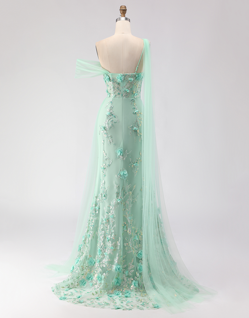 Green Floral One Shoulder Sheath Long Prom Dress with Side Cape