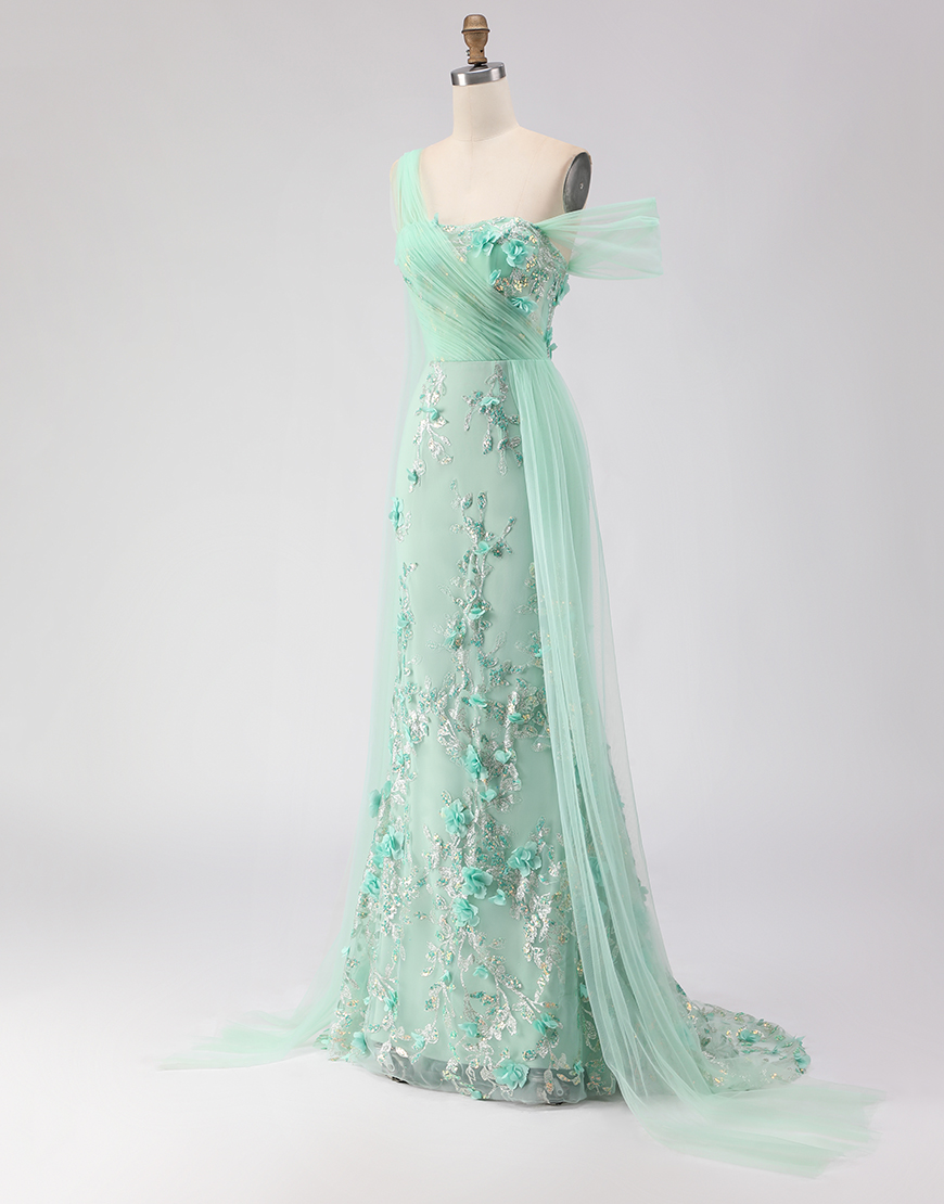 Green Floral One Shoulder Sheath Long Prom Dress with Side Cape