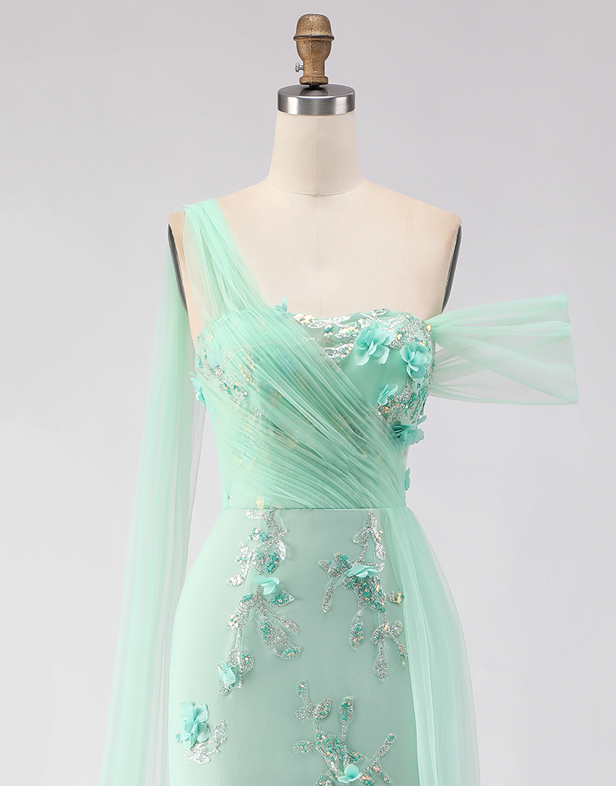 Green Floral One Shoulder Sheath Long Prom Dress with Side Cape