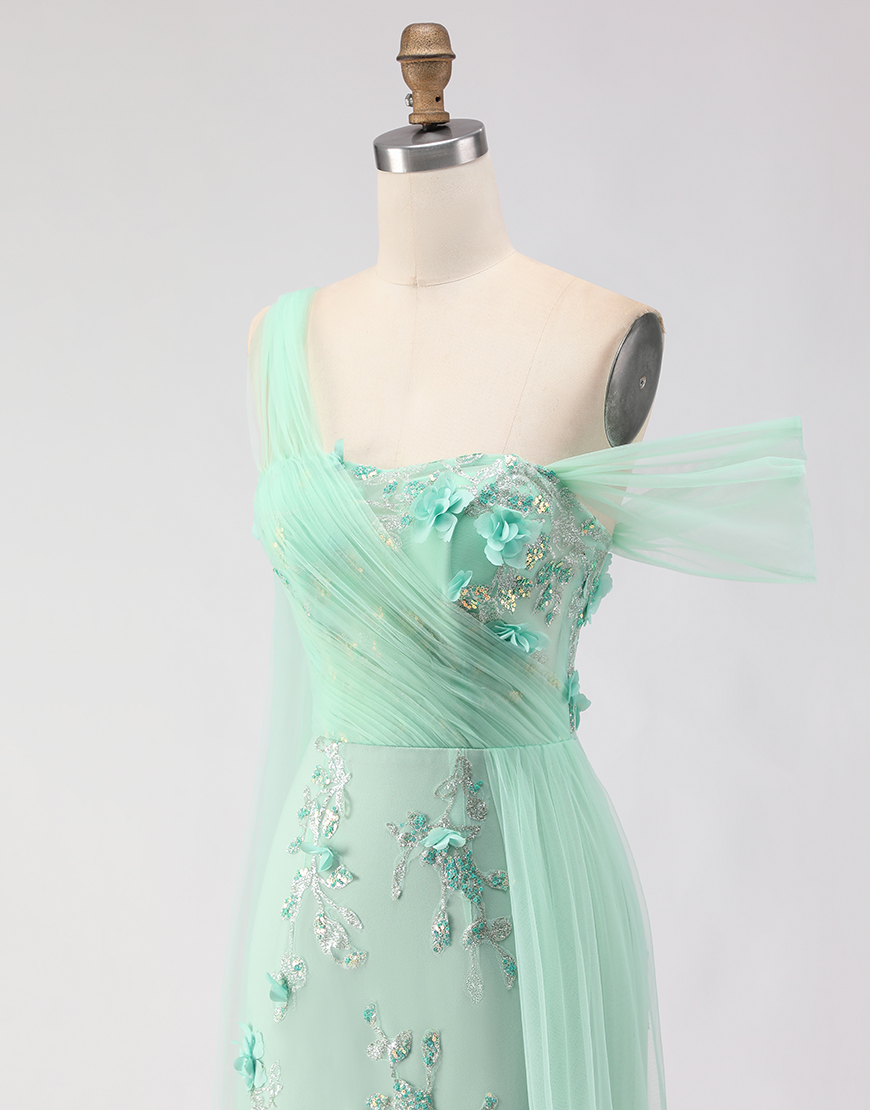 Green Floral One Shoulder Sheath Long Prom Dress with Side Cape