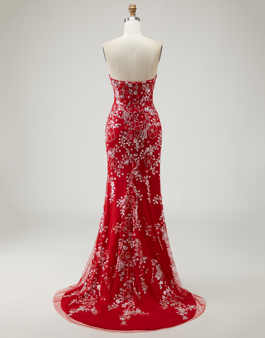 Sparkly Red Floral Long Mermaid Prom Dress with Beading
