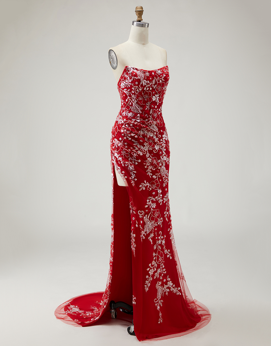 Sparkly Red Floral Long Mermaid Prom Dress with Beading